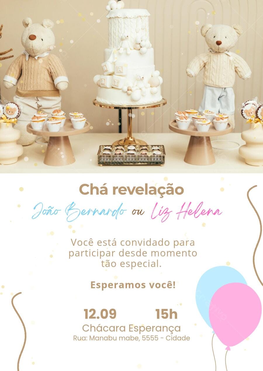 Convite Chá Revelação Bebê Ursinho Bege e Branco Editável no Canva
