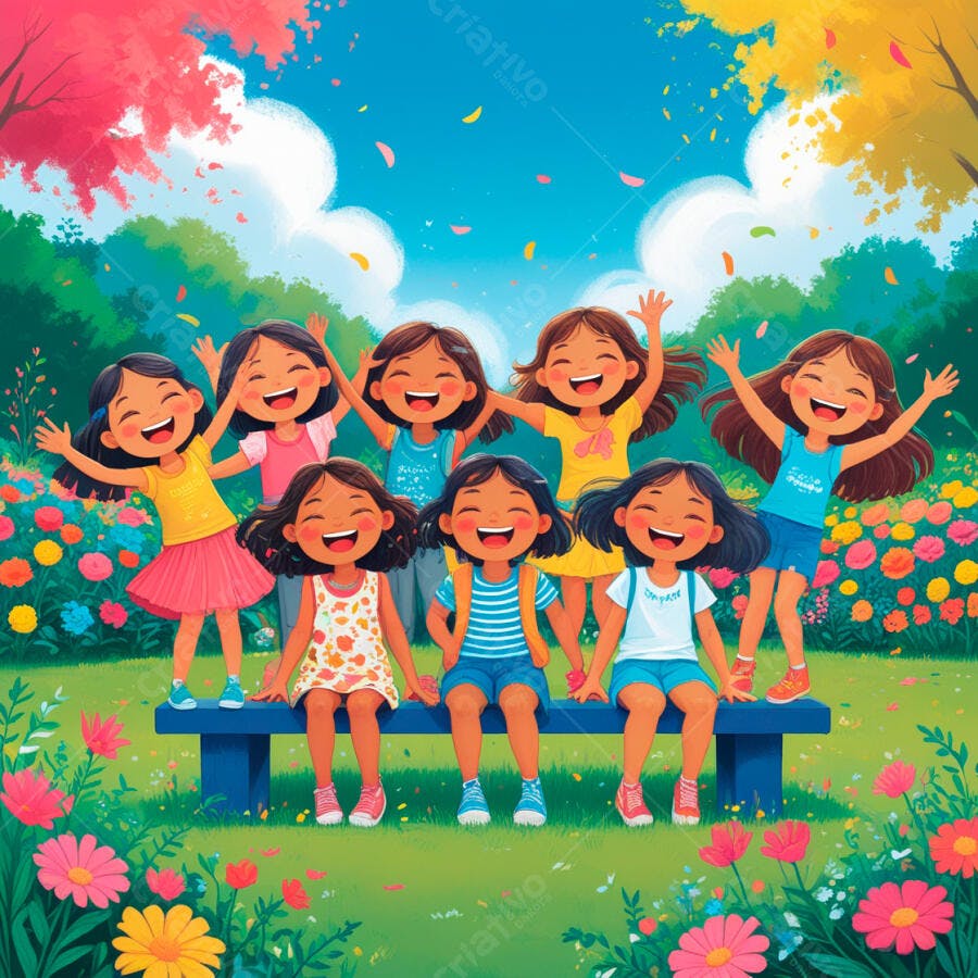 Meninas felizes em jardim florido