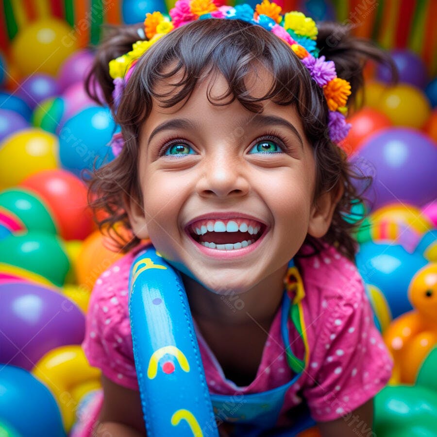 Menina risonha em piscina de bolinhas coloridas