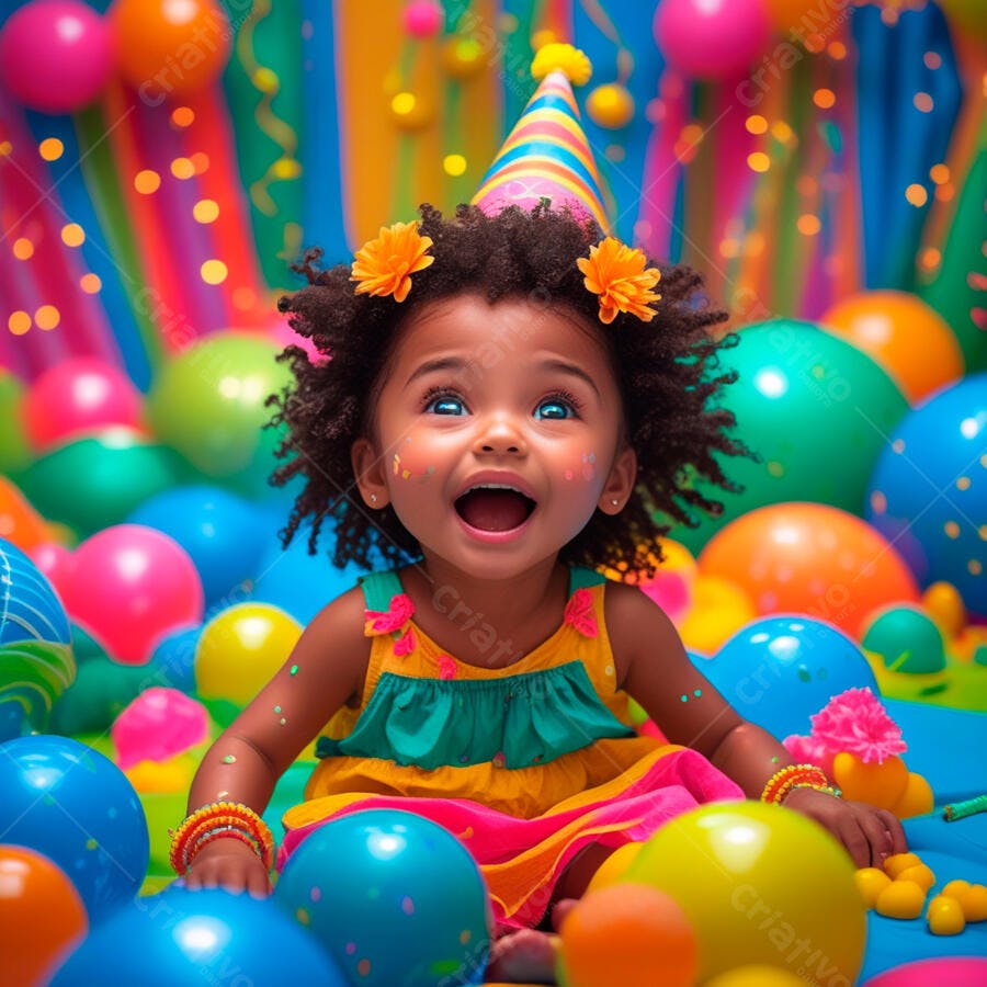 Bebê feliz em festa colorida com balões