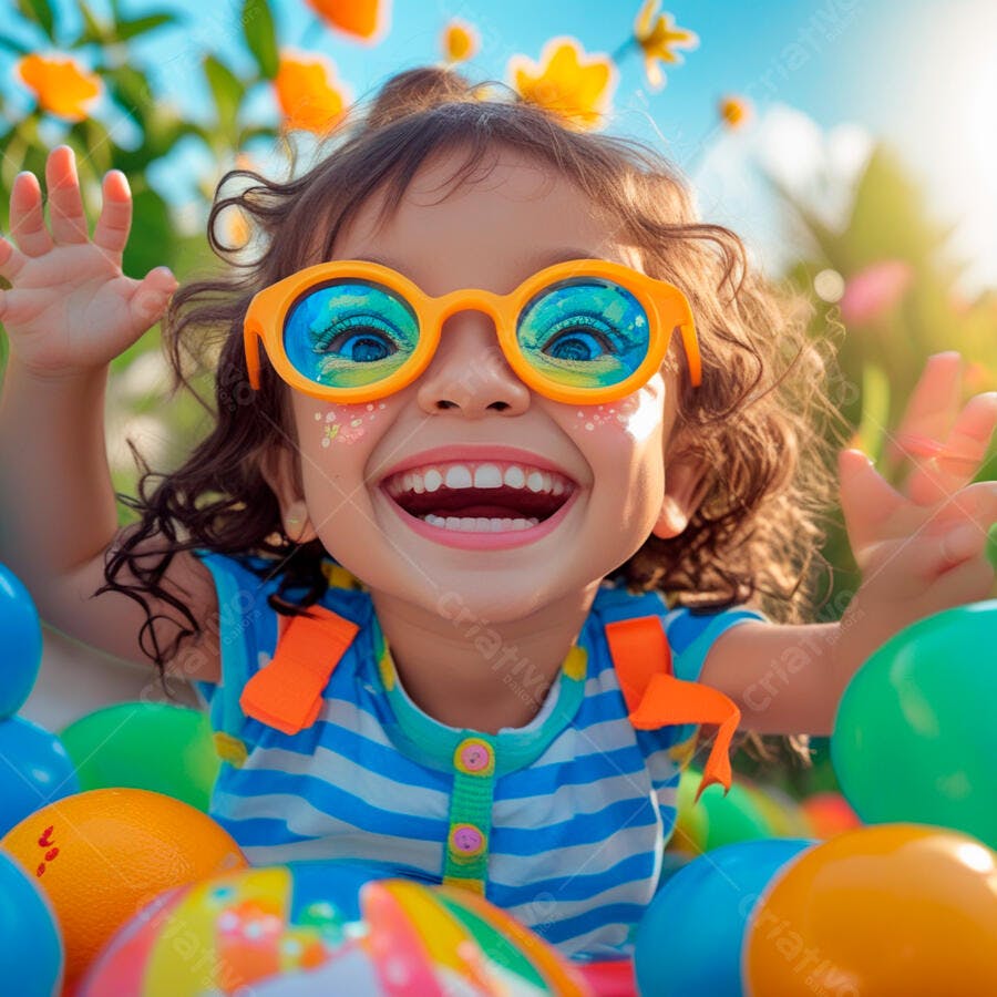 Criança feliz brincando com bolas coloridas