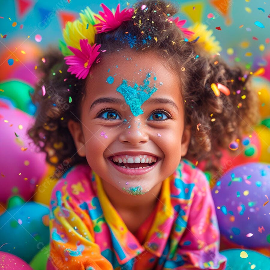 Menina feliz em festa com glitter e balões