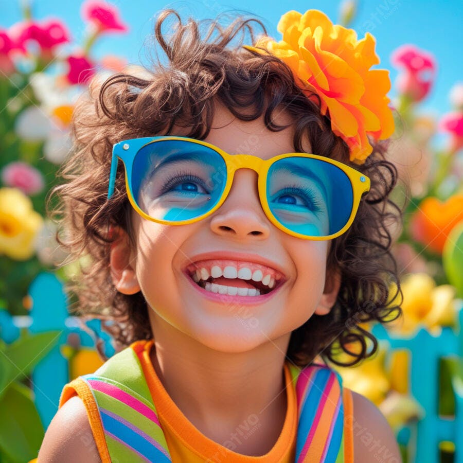 Criança feliz com óculos coloridos em jardim florido