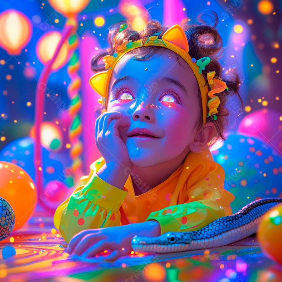 Criança com olhos brilhantes em cenário neon