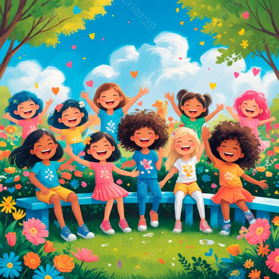 Meninas felizes em jardim florido