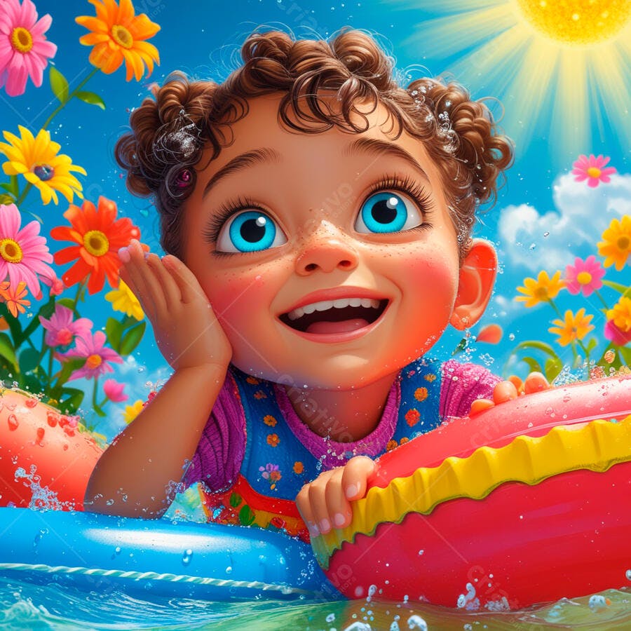 Menina feliz na piscina com bóia colorida