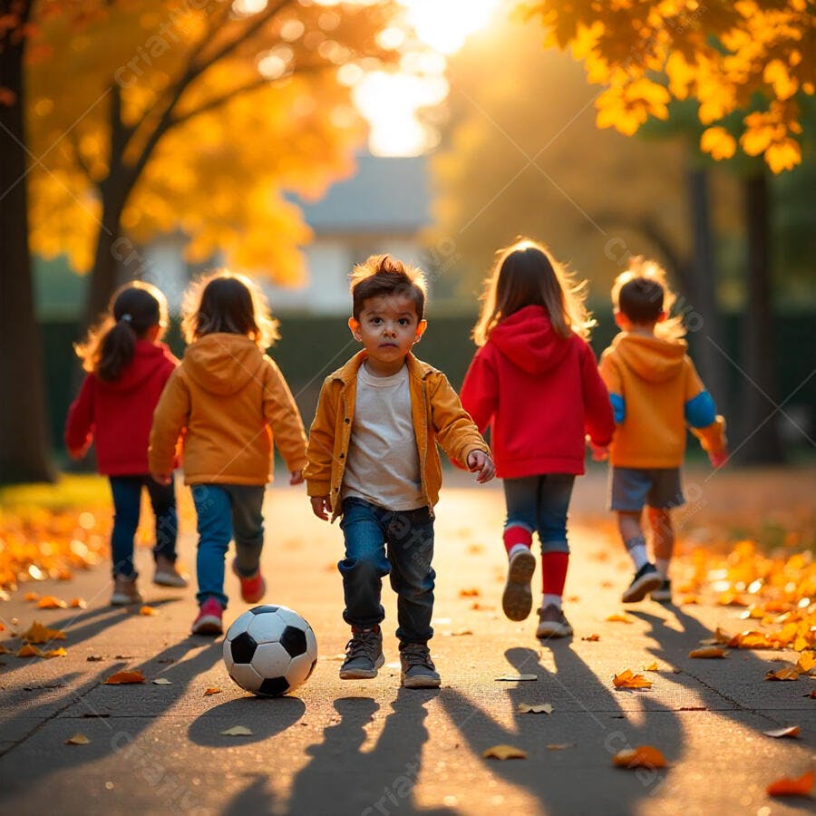 Crianças brincando com bola no outono