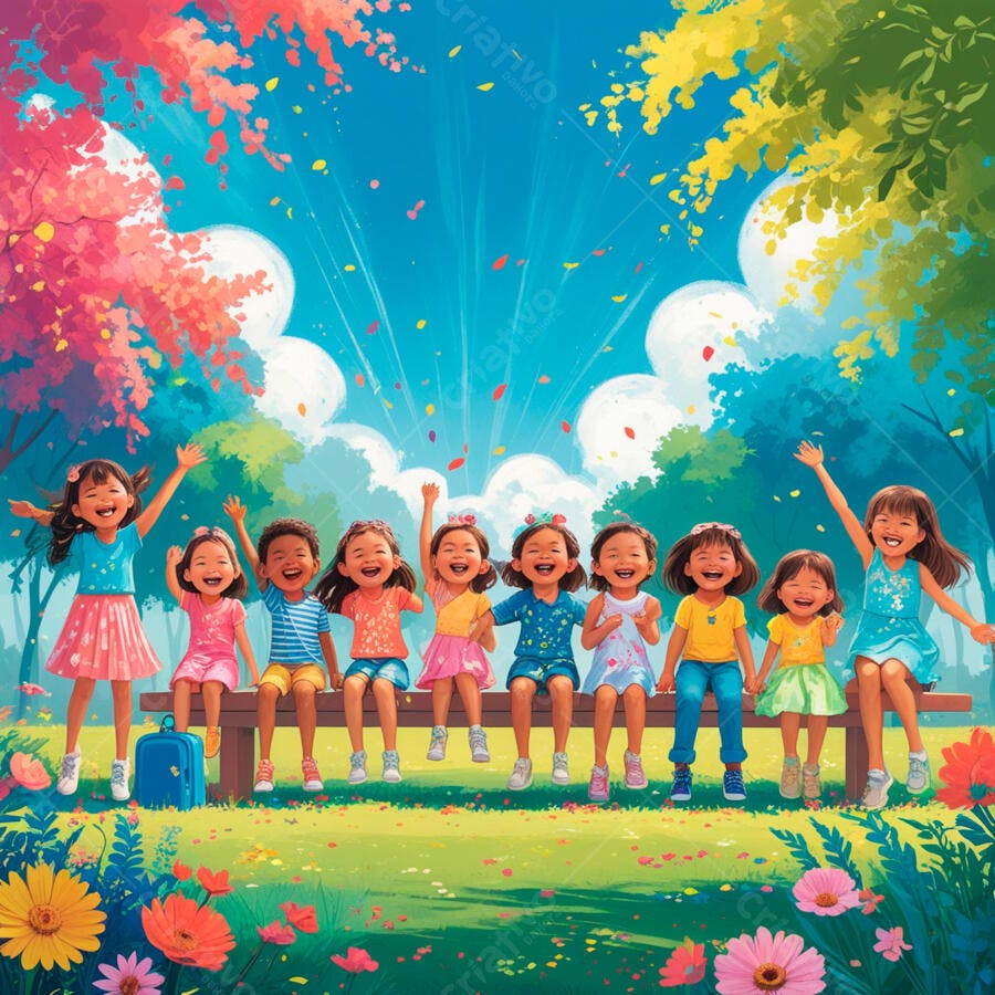 Crianças felizes em parque florido