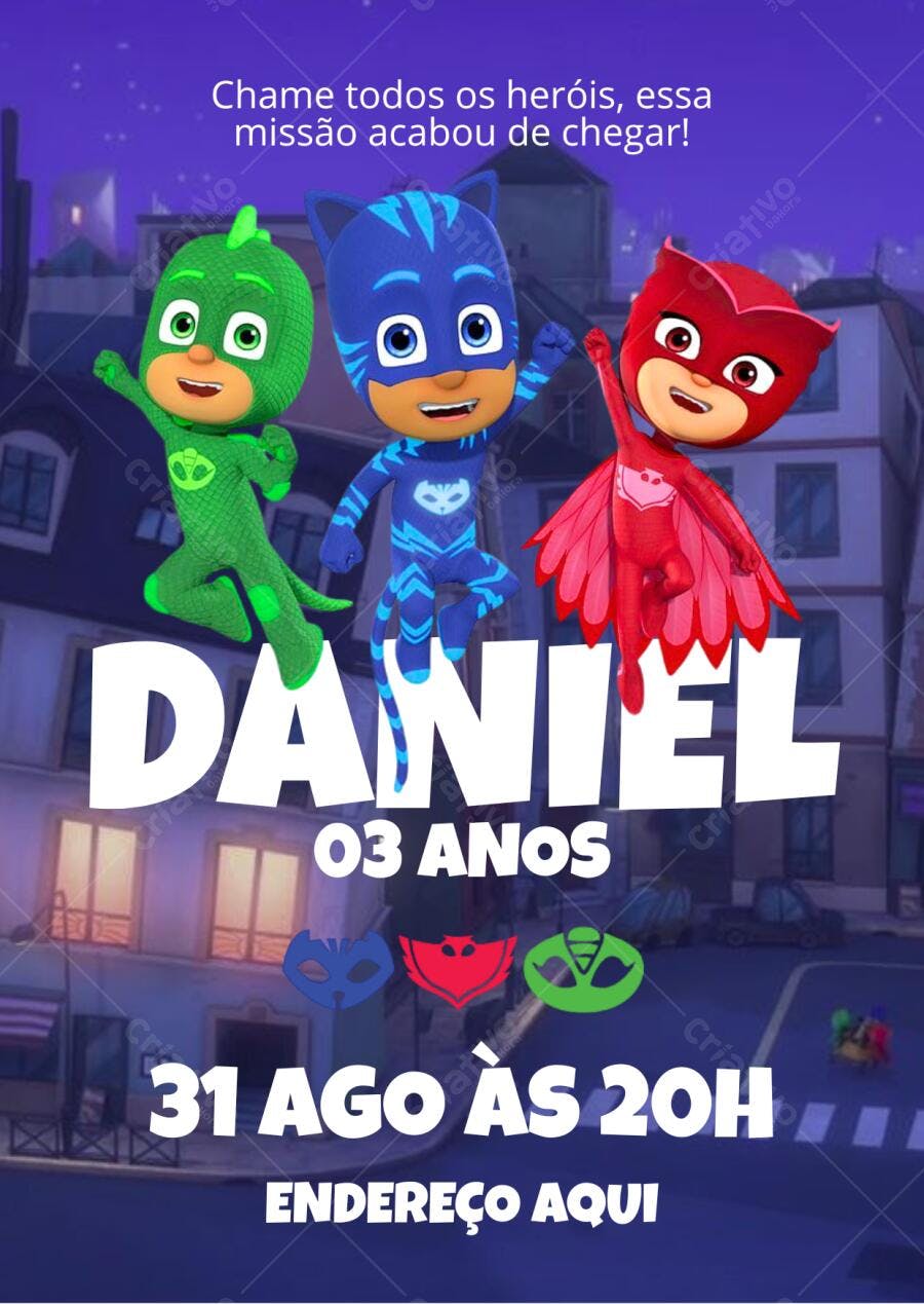 Convite de aniversário infantil PJ Masks Editável no Canva