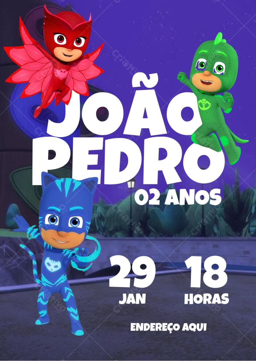 Convite de Aniversário PJ Masks Editável no Canva