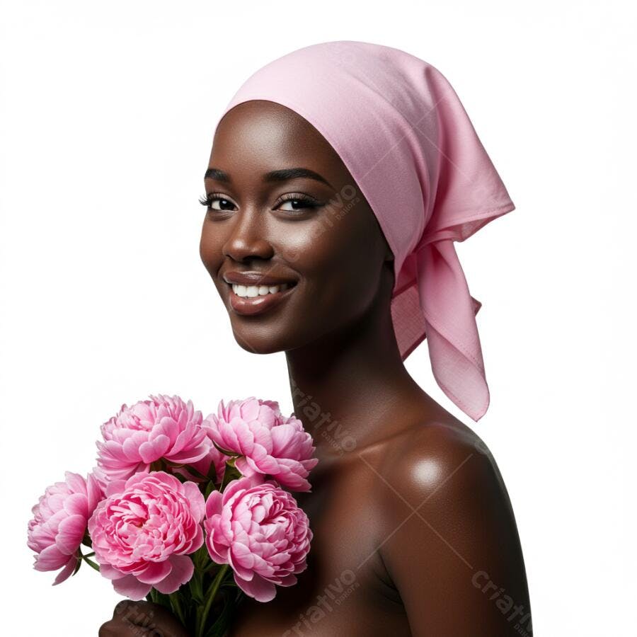 Mulher negra sorridente com peônias rosa