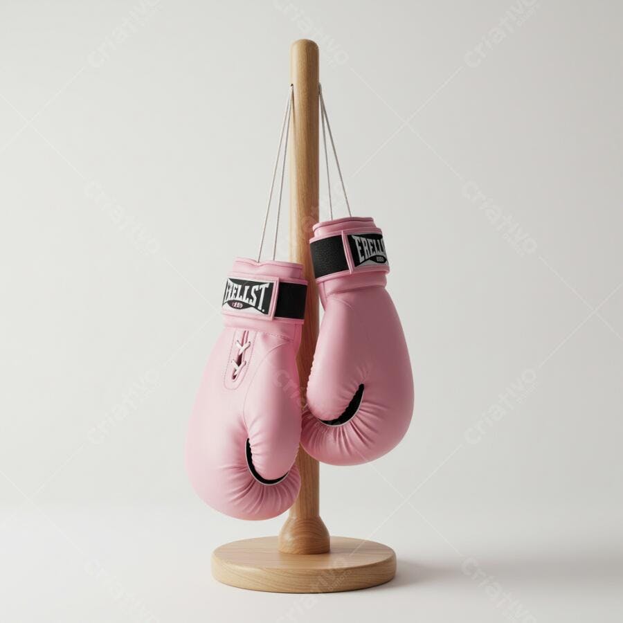 Luvas de Boxe Rosa em Suporte de Madeira
