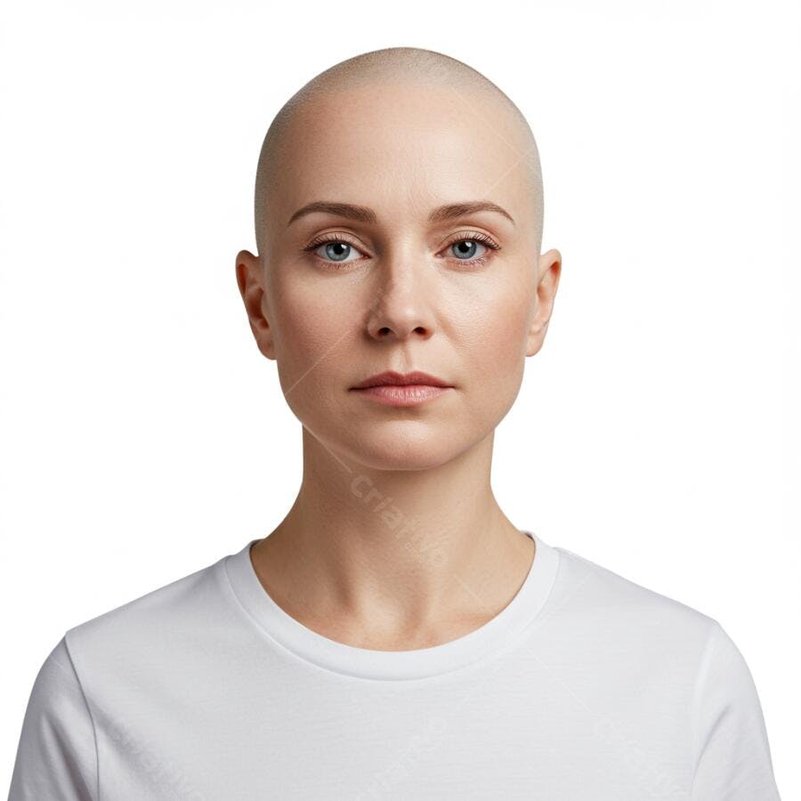 Mulher careca em camiseta branca