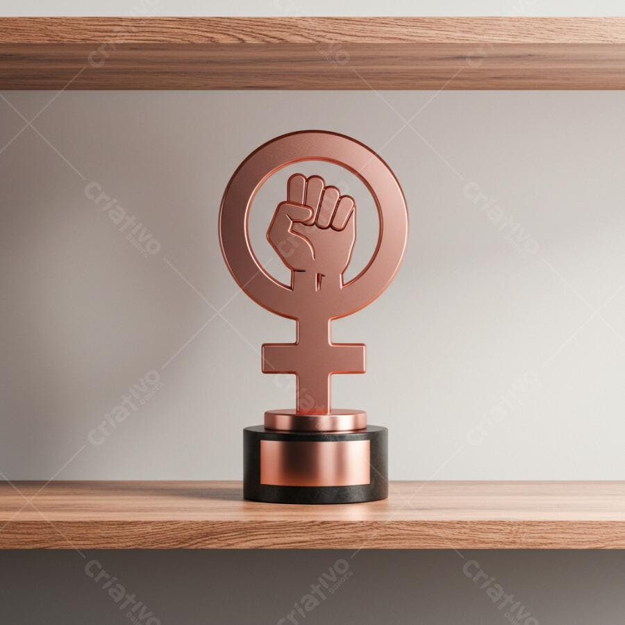 Troféu feminista em cobre sobre estante de madeira