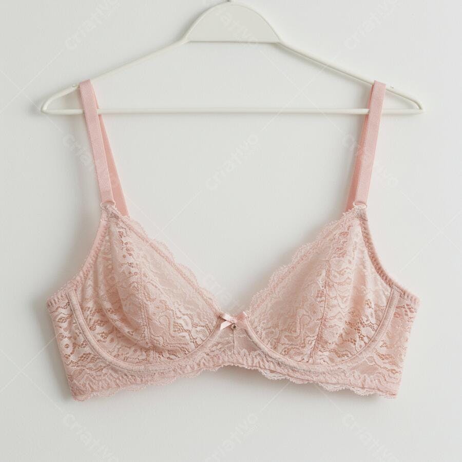 Sutiã de renda rosa claro em cabide
