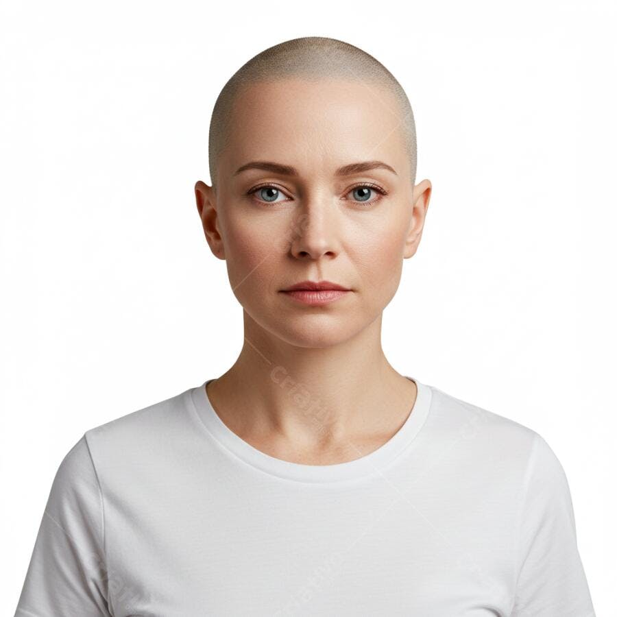Mulher careca usando camiseta branca