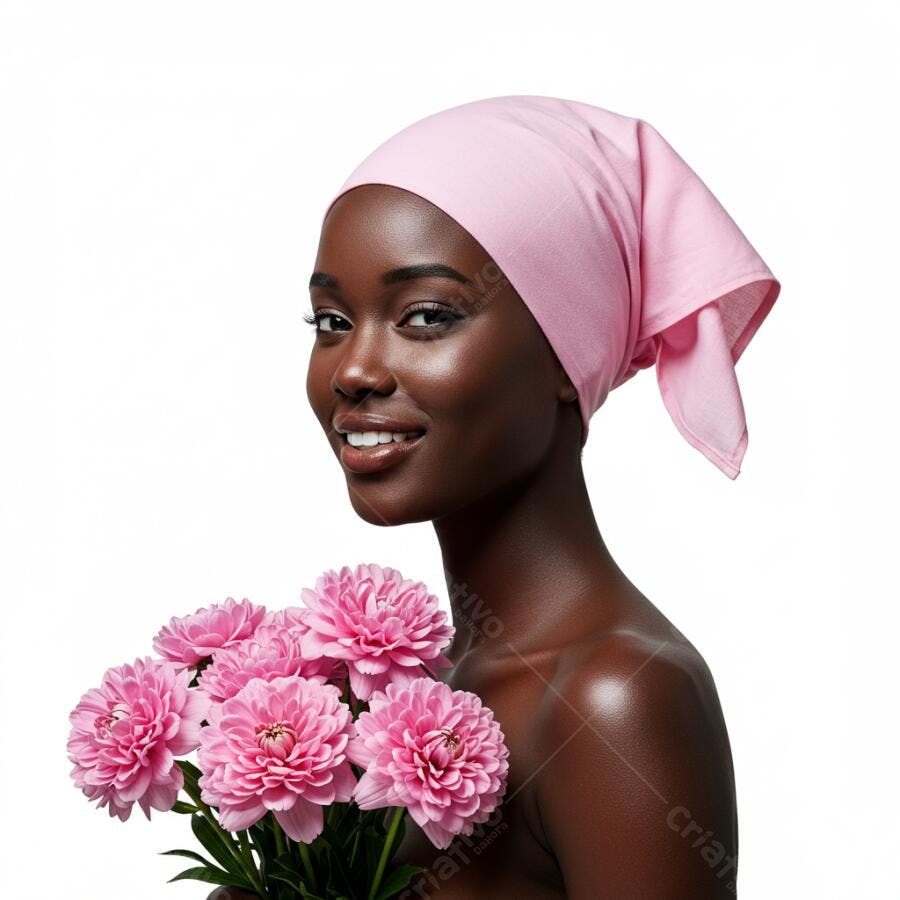 Mulher negra sorrindo com flores rosa