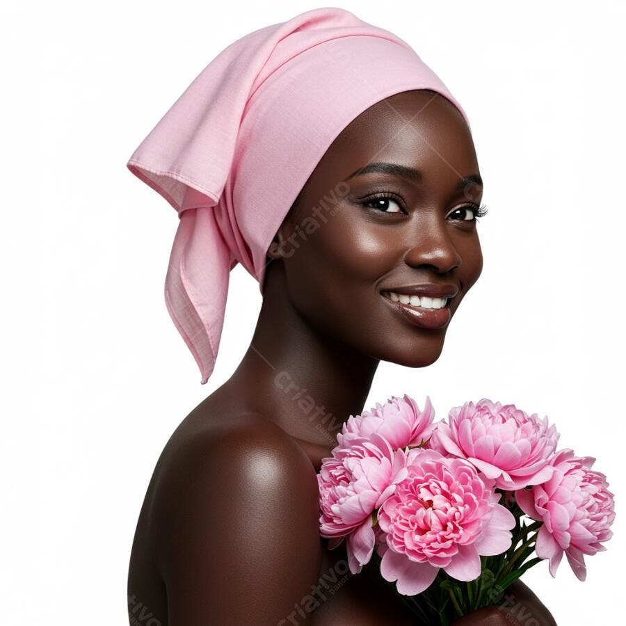 Modelo negra sorrindo com flores rosa