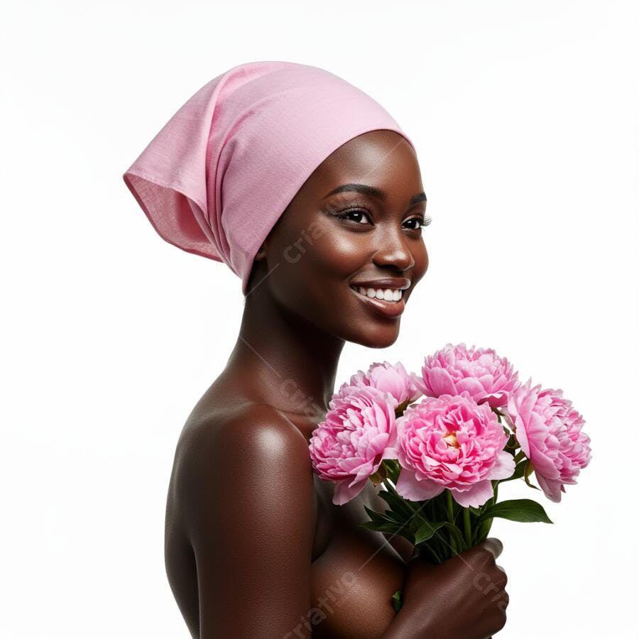 Mulher negra sorridente com peônias rosa
