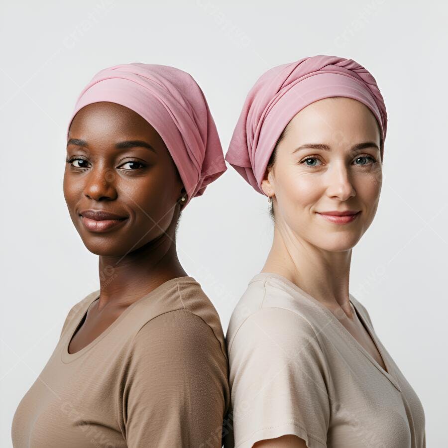 Mulheres com turbantes rosa sorrindo juntas