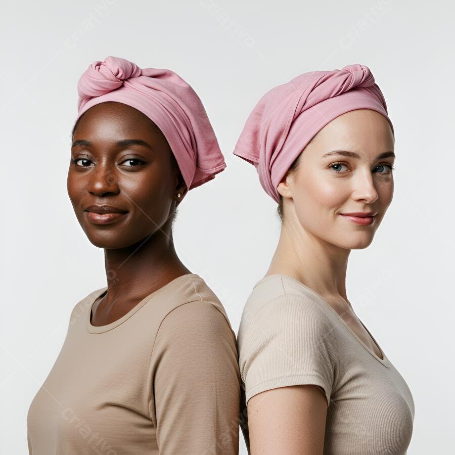 Mulheres com turbantes rosa em fundo branco