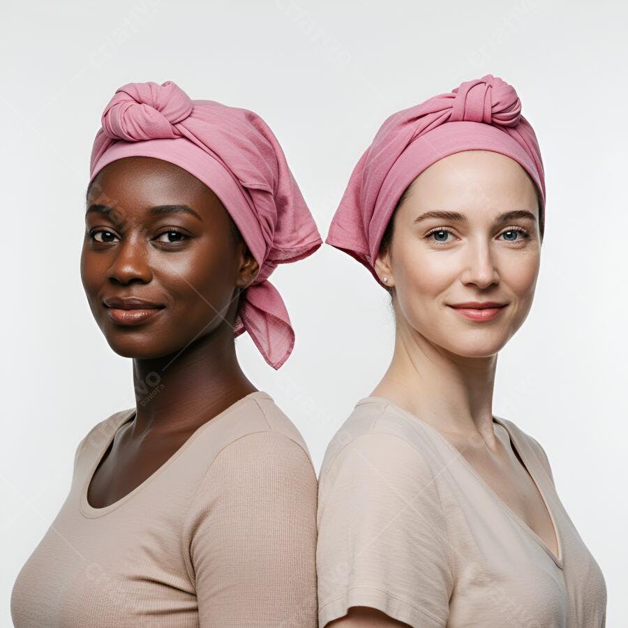 Duas mulheres usando turbantes rosa claro