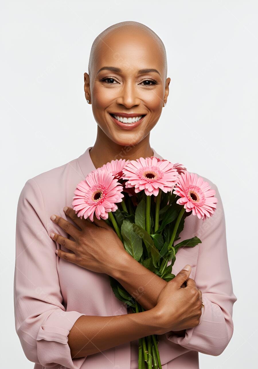Mulher negra sorrindo com flores rosa