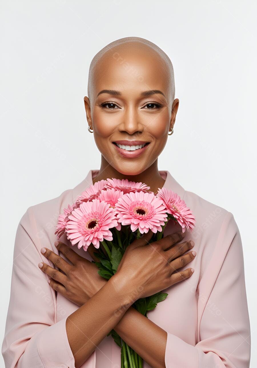Mulher negra sorridente com flores rosa