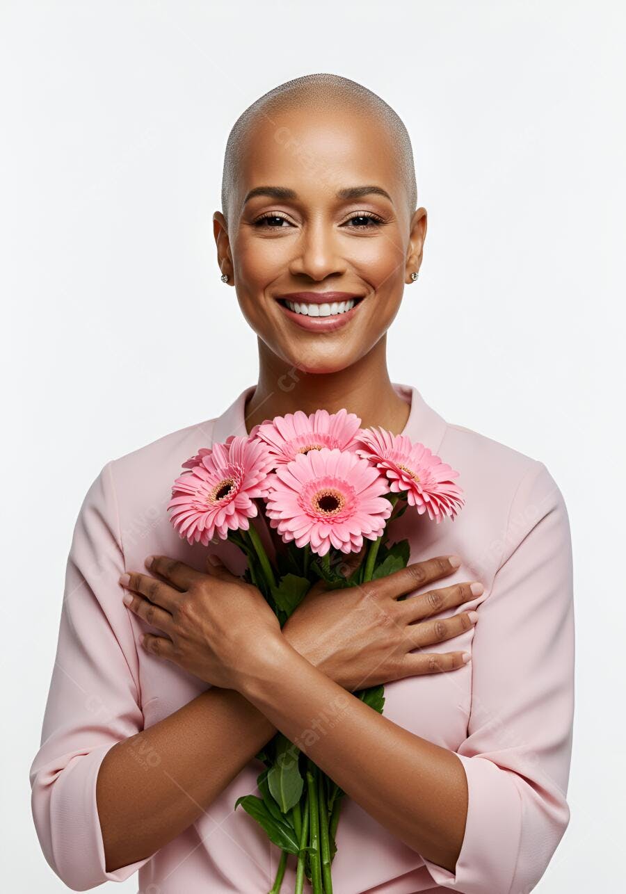 Mulher negra com flores rosa sorrindo