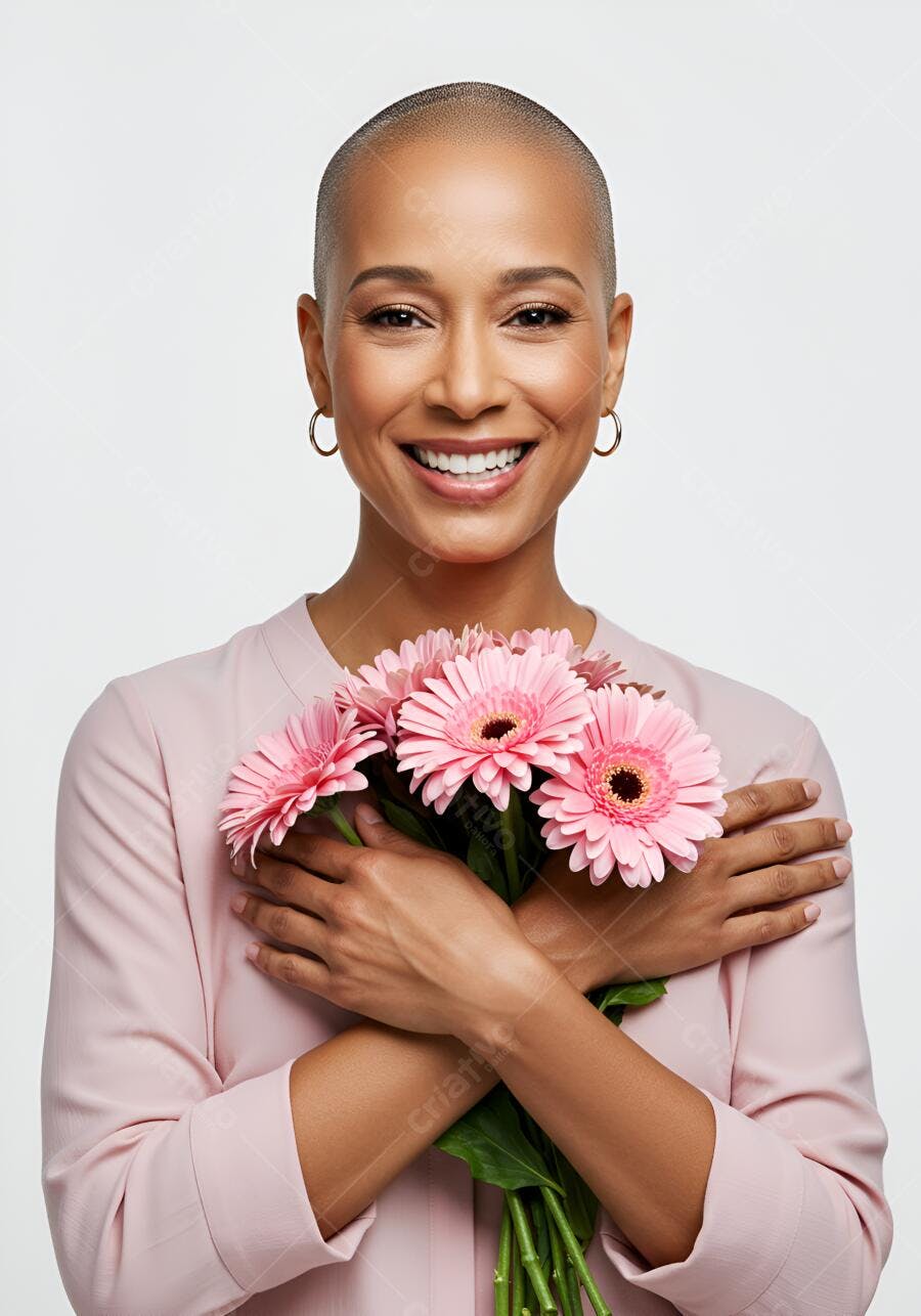 Mulher negra sorrindo com flores rosa