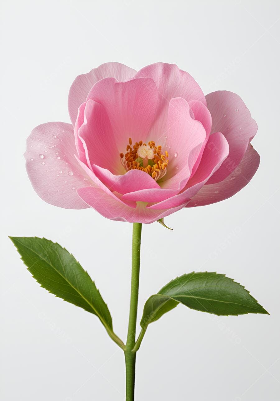 Rosa rosa claro gotas d'água fundo branco