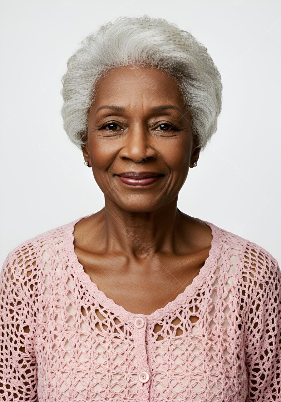 Mulher negra sorridente com cabelo grisalho