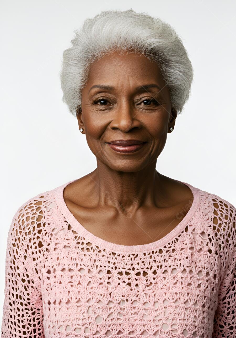 Mulher negra sorridente cabelo grisalho blusa rosa