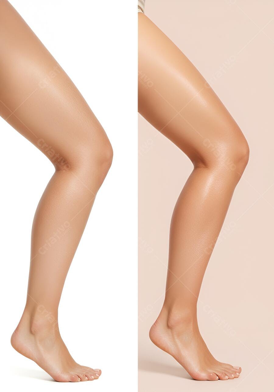 Perna feminina antes e depois bronzeamento