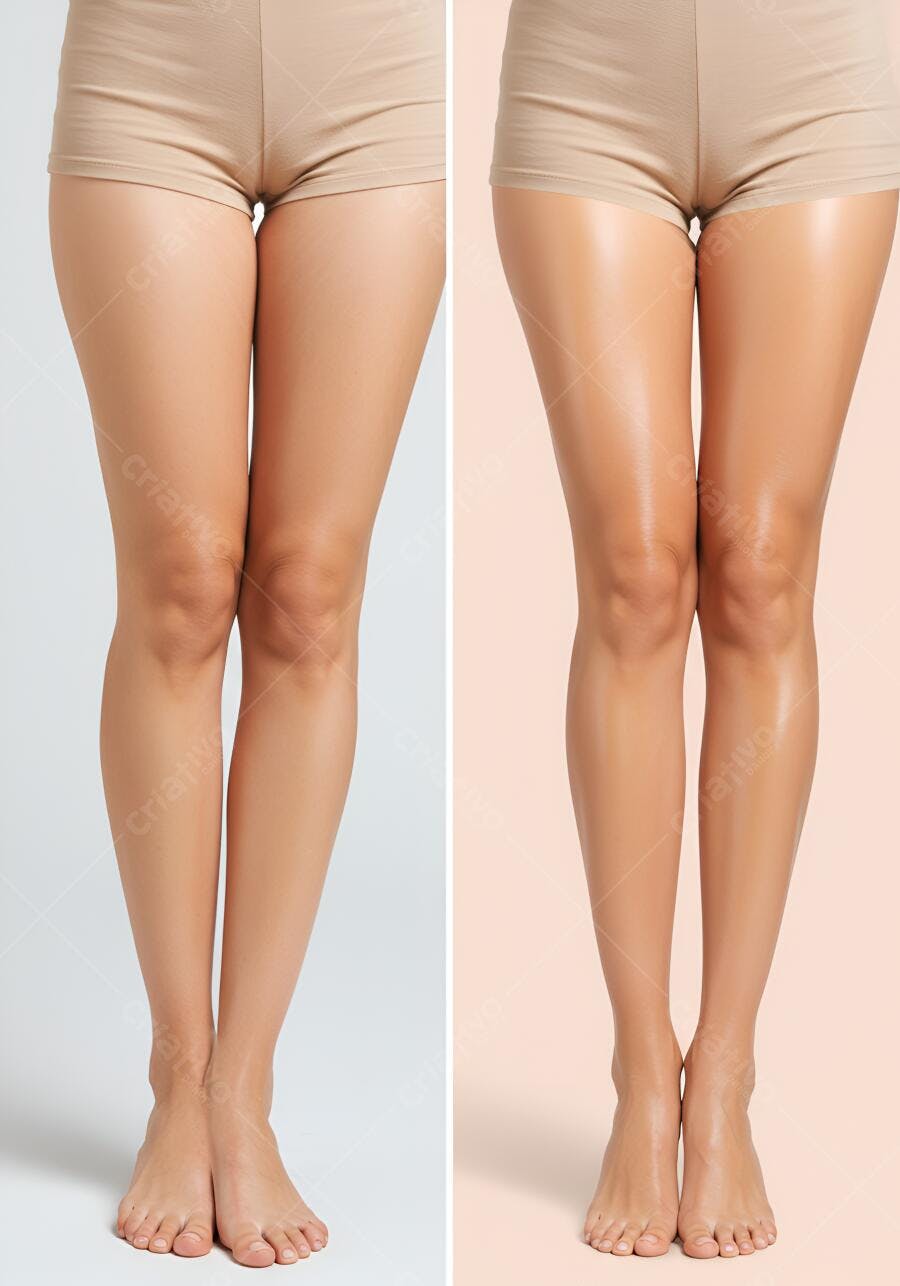 Pernas femininas antes e depois bronzeamento