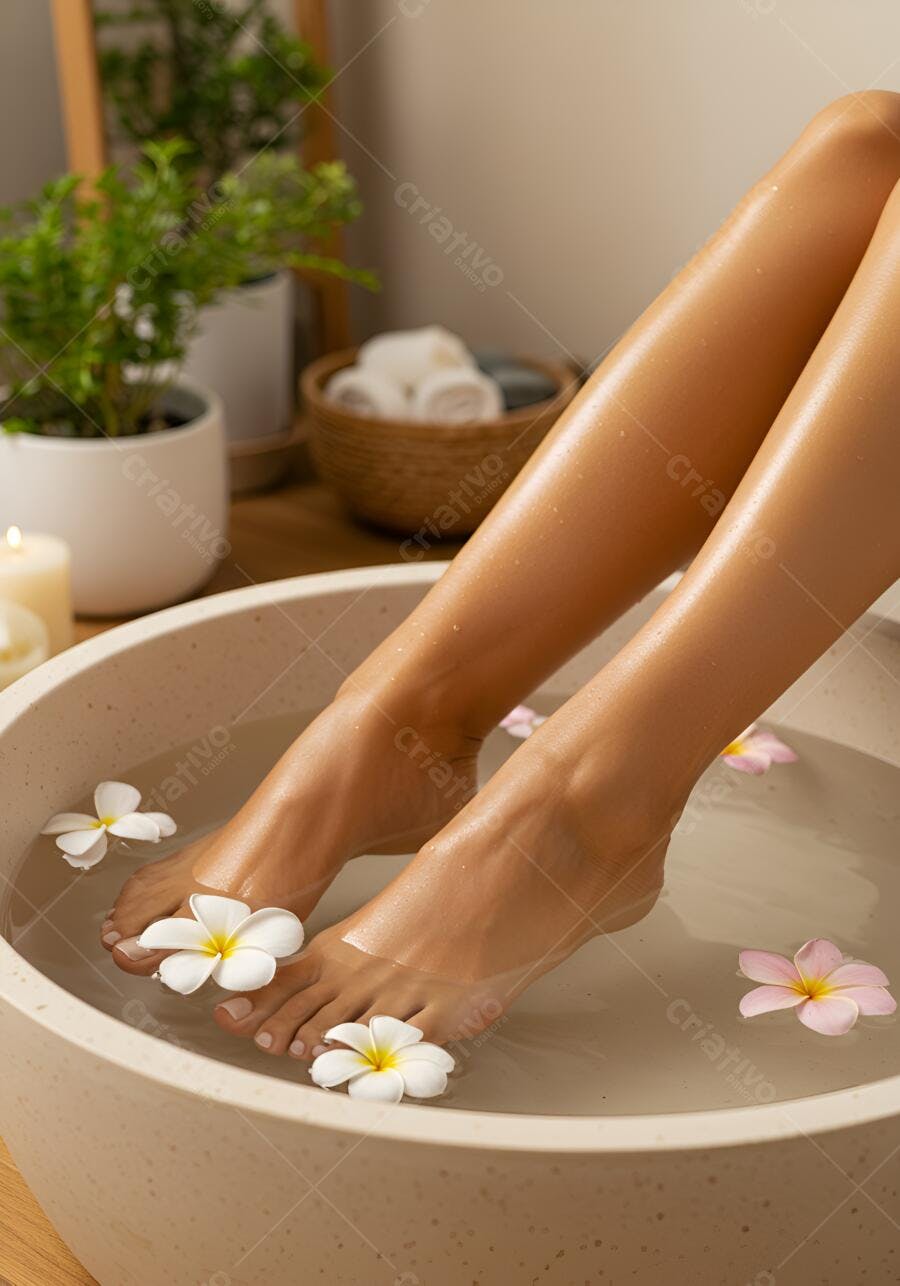 Pés em banheira com flores brancas e rosa