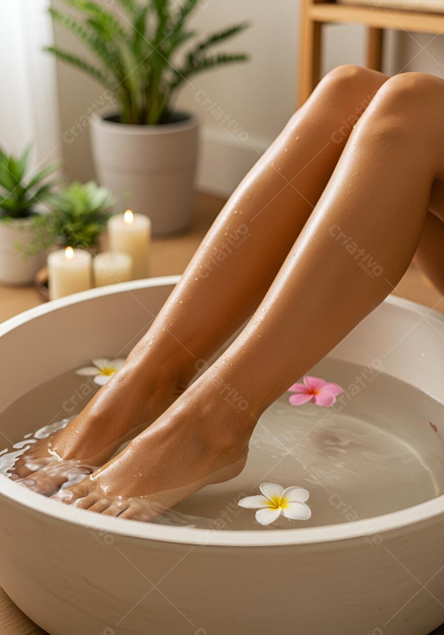 Pés em banheira com flores e velas