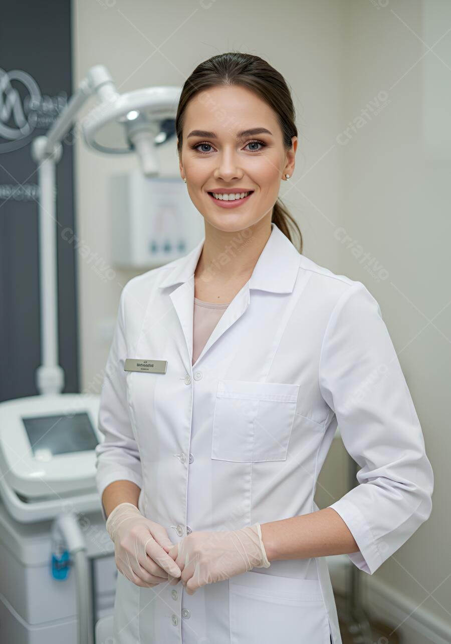 Médica sorridente em clínica moderna