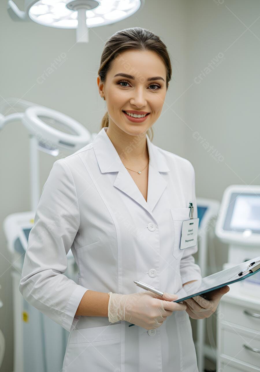 Médica sorridente com prancheta em consultório