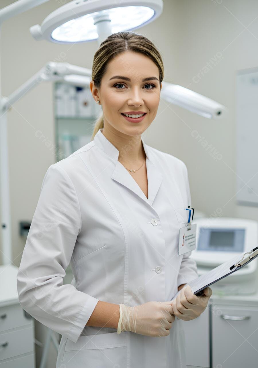 Médica sorridente com prancheta em clínica