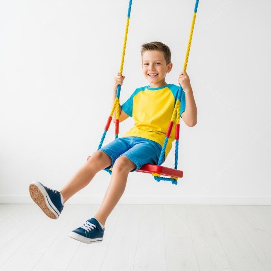 Menino feliz em balanço amarelo e azul