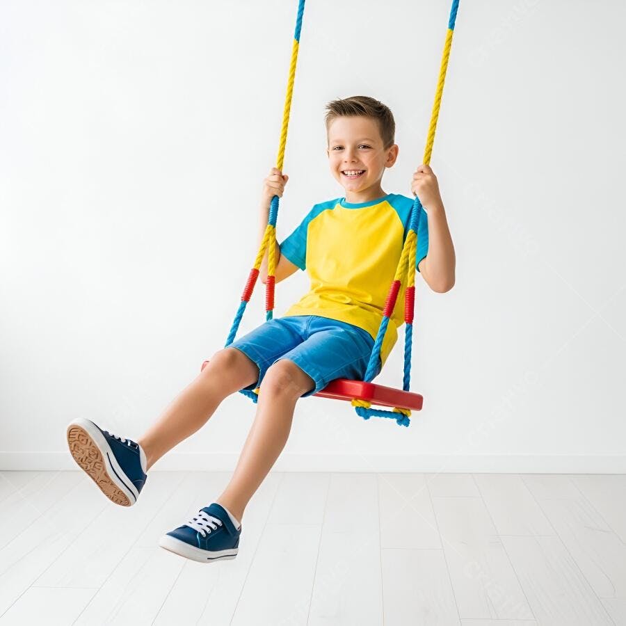 Menino feliz se divertindo em balanço infantil