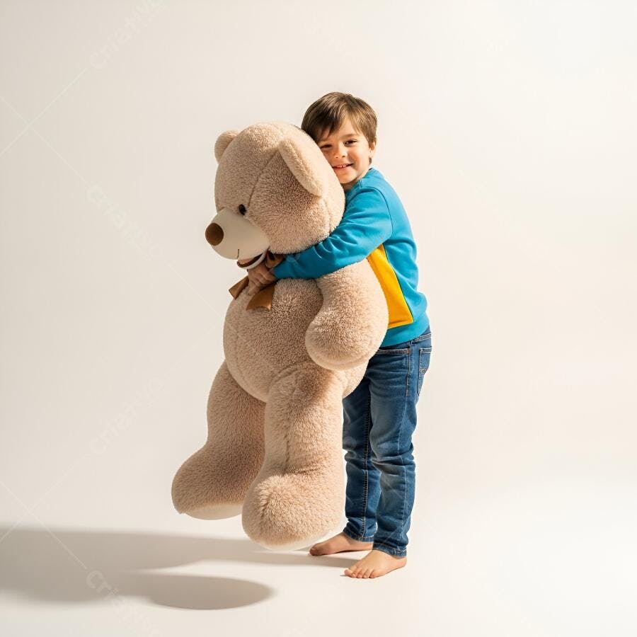 Menino abraçando urso de pelúcia gigante