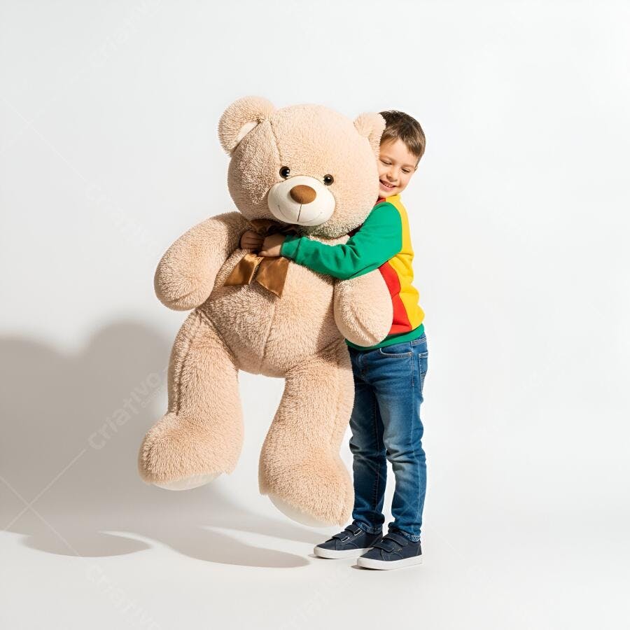 Menino abraçando urso de pelúcia gigante