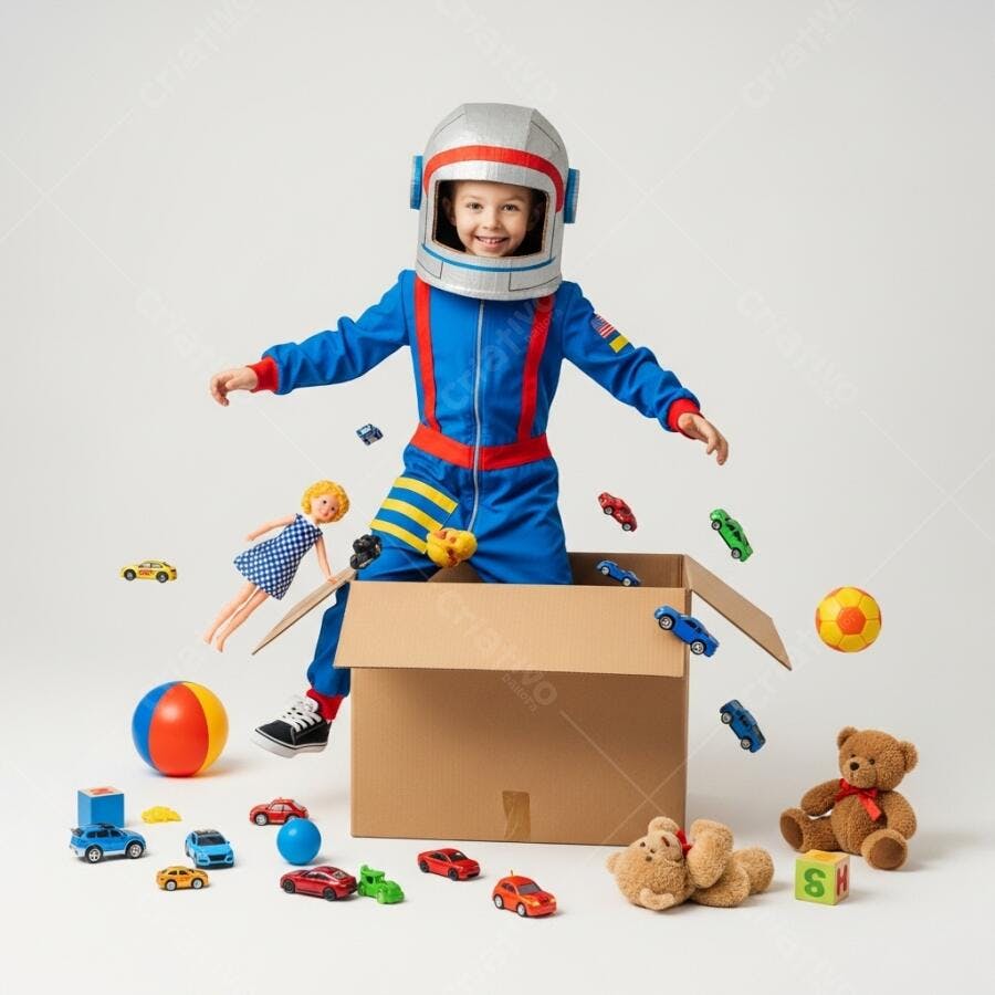 Criança astronauta em caixa com brinquedos