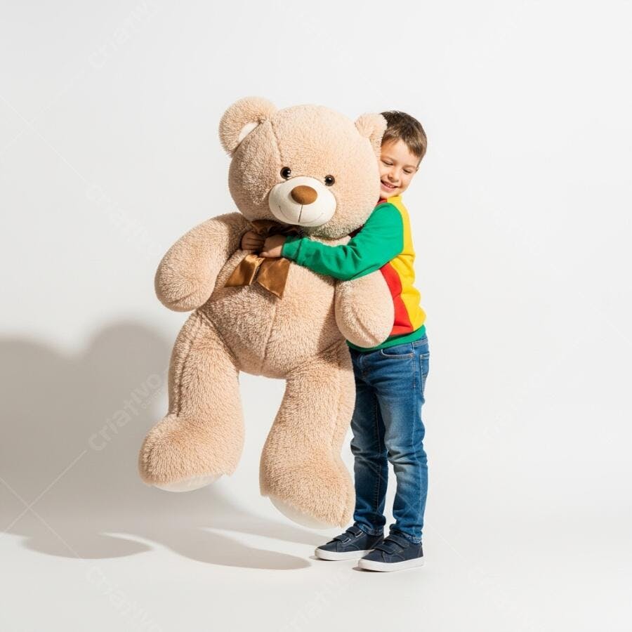 Menino abraçando urso de pelúcia gigante