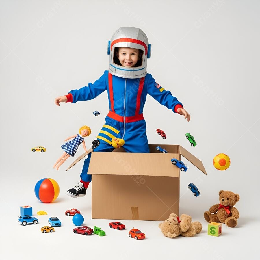 Criança fantasiada de astronauta em caixa com brinquedos