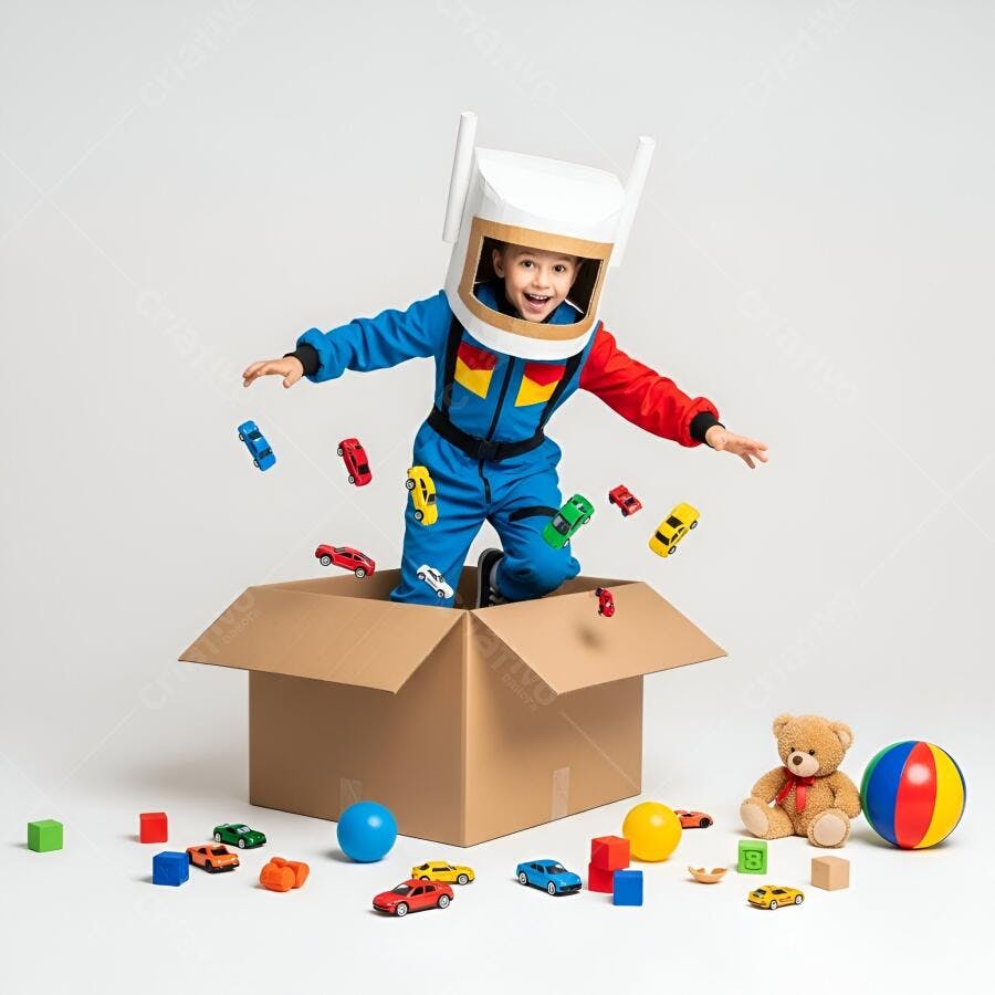 Criança fantasiada de astronauta em caixa com brinquedos