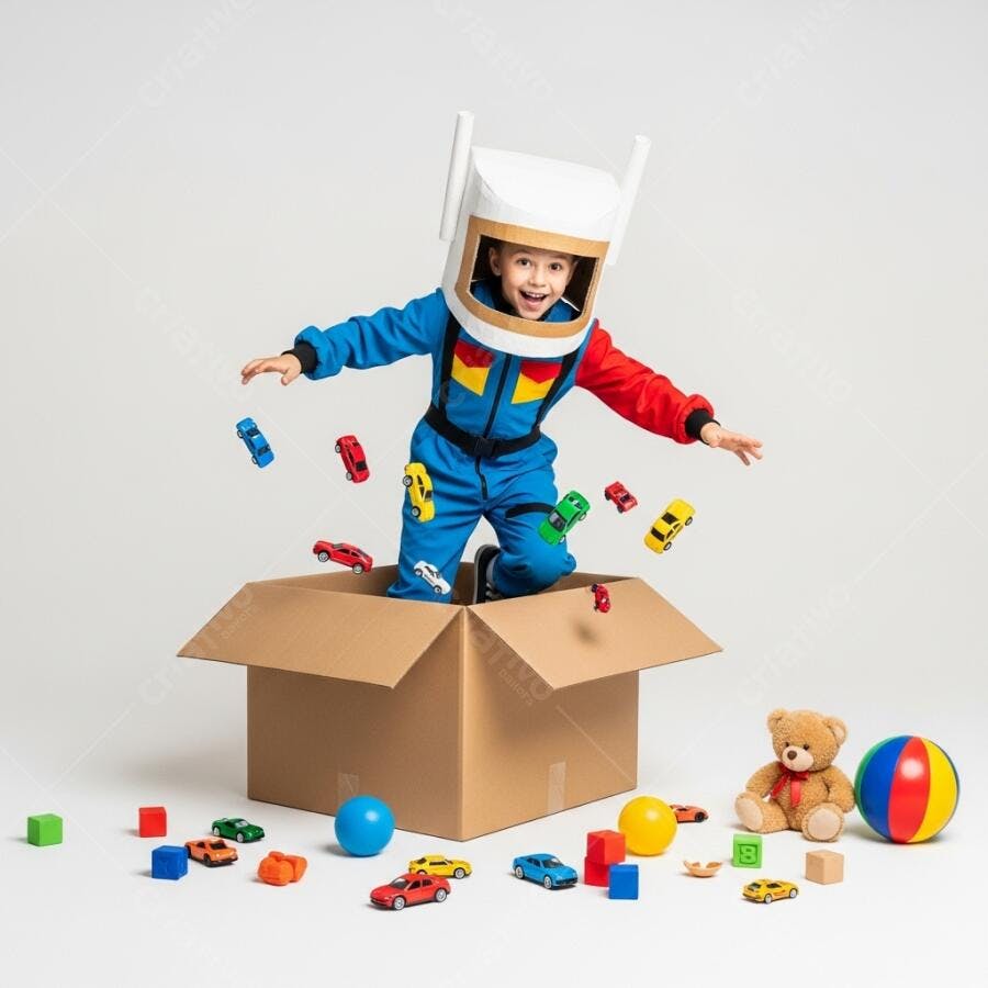 Criança fantasiada de astronauta em caixa com brinquedos