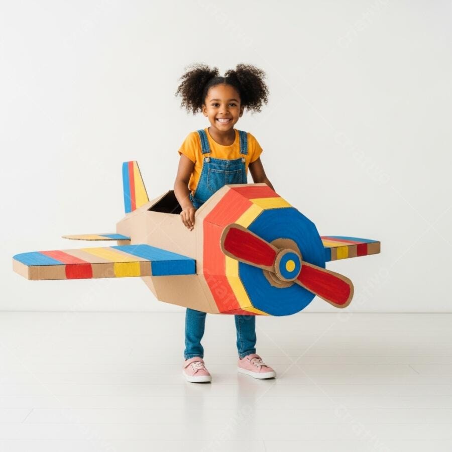Menina negra pilotando avião de papelão